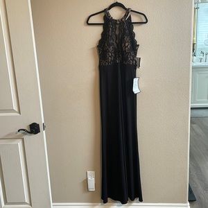 🩷NWT Morgan & Co, black and nude lace top, black flowing gown w/front slit. 1